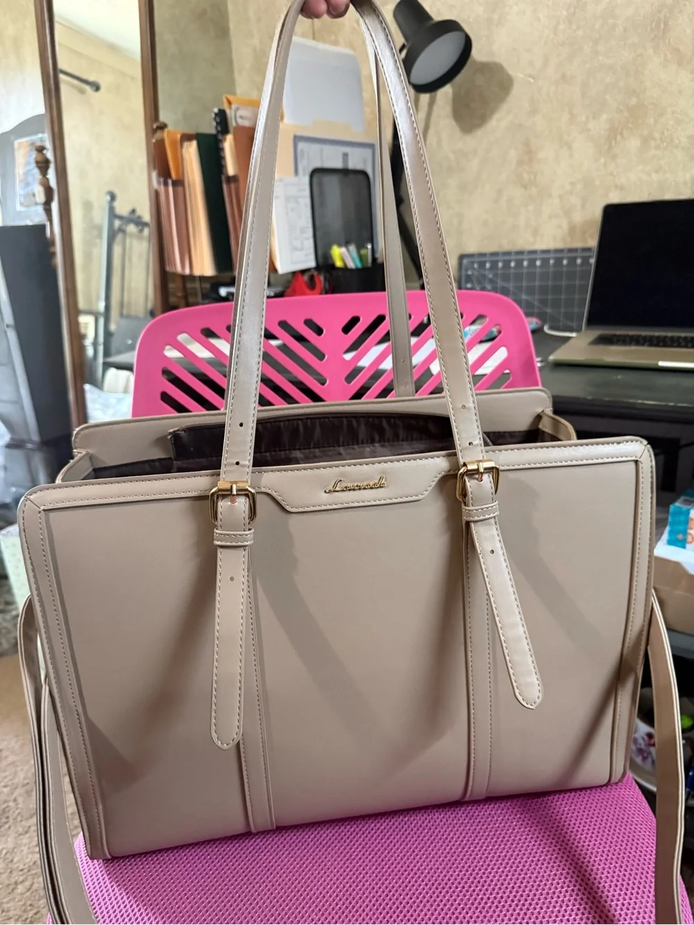 Light Beige Structured Laptop Tote Bag